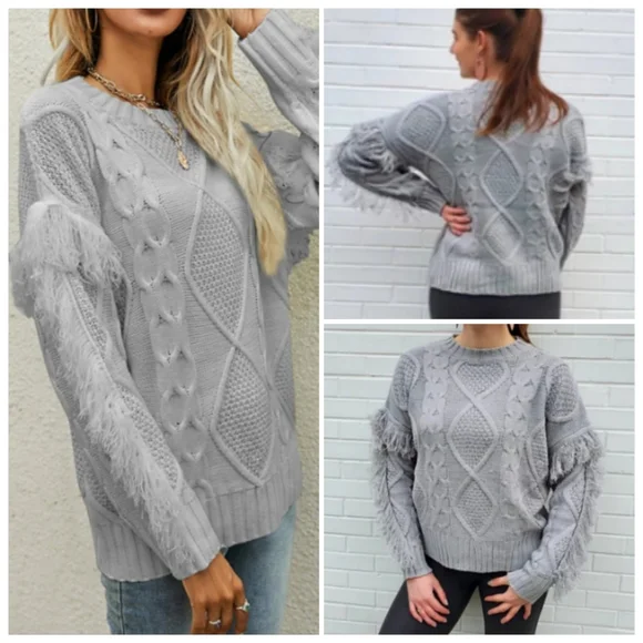 &merci Boho Sweater Cable Knit Bodice Fringe Sleeves Ribbed Hem Size Large Gray - Picture 11 of 11